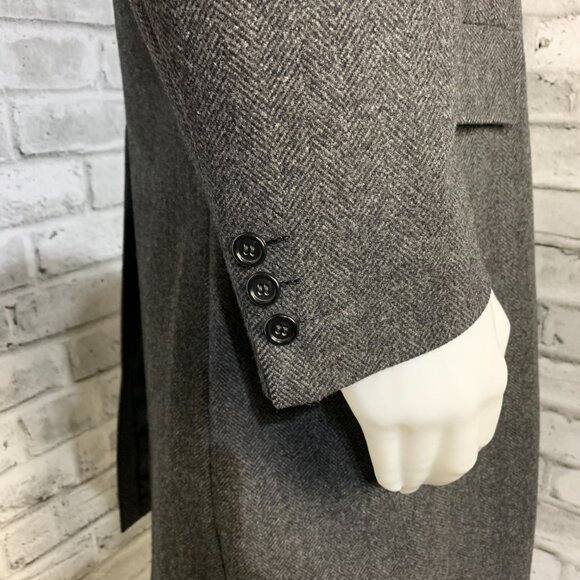 Vintage 90s Union Label Charcoal Herringbone Wool Tweed Overcoat Long Pea Coat - Picture 4 of 16